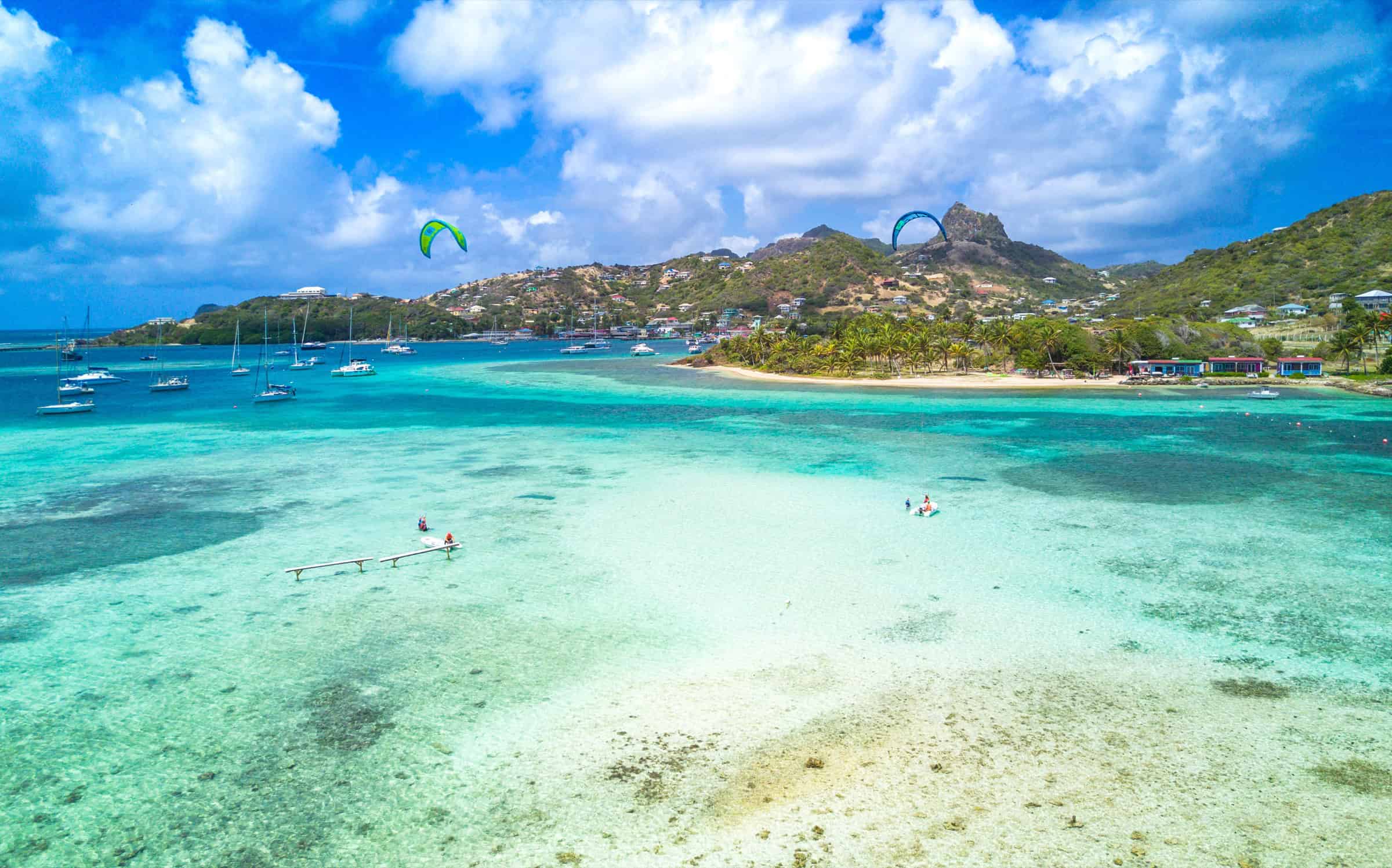 Drone view of a kitesurfing lesson on Union Island