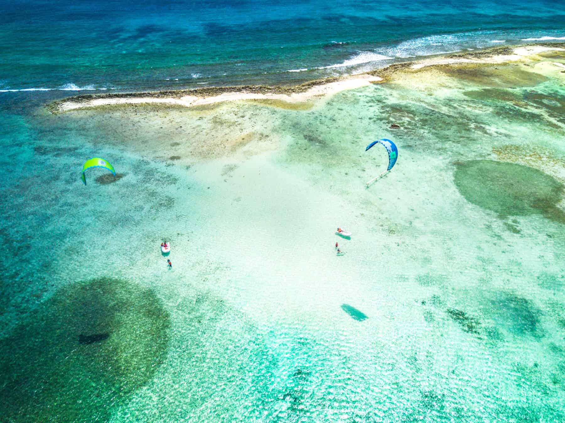Drone view of shallow kite lesson water in the Grenadines