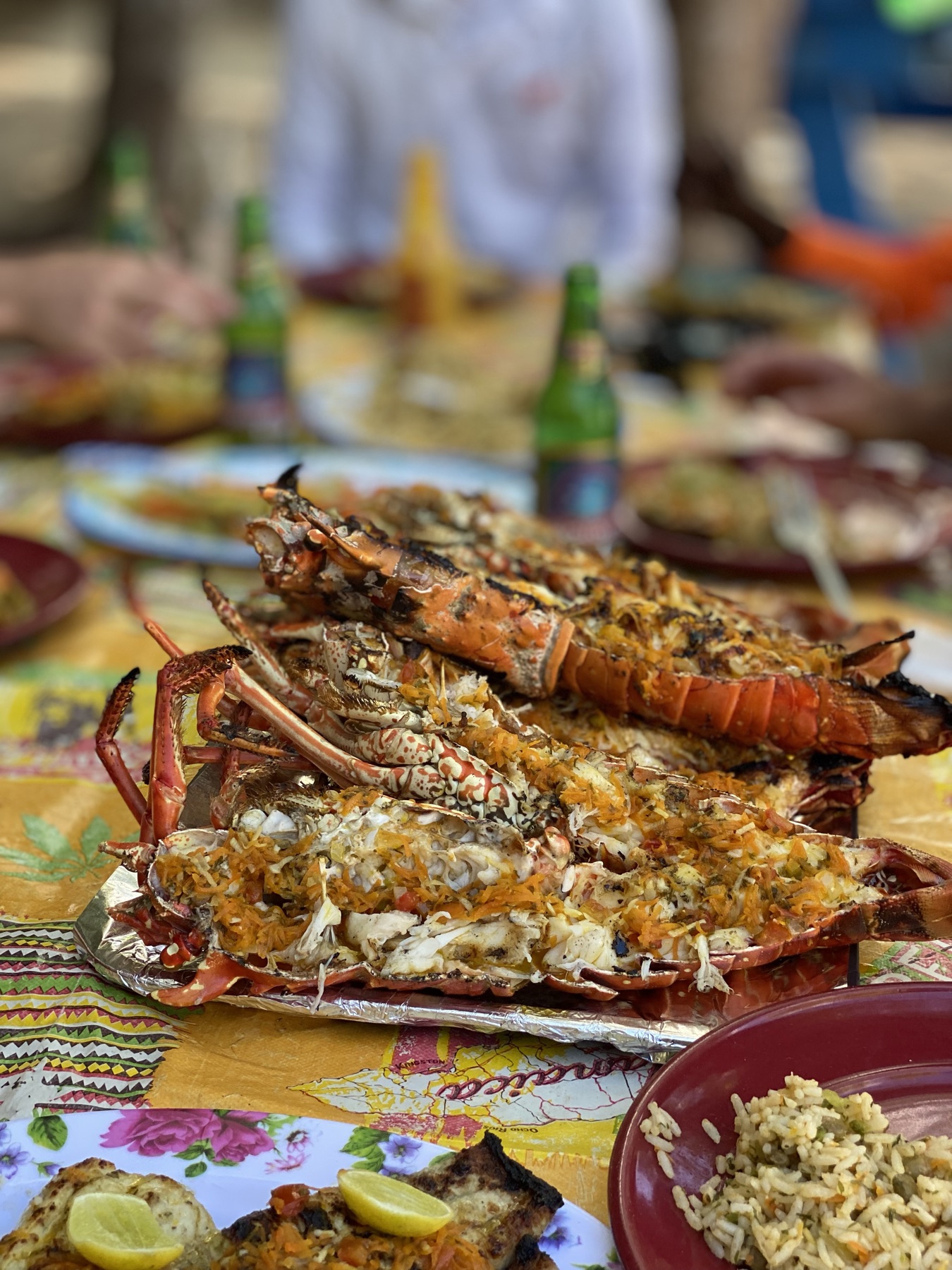 Grilled lobster lunch served during the full day Tobago Cays cruise