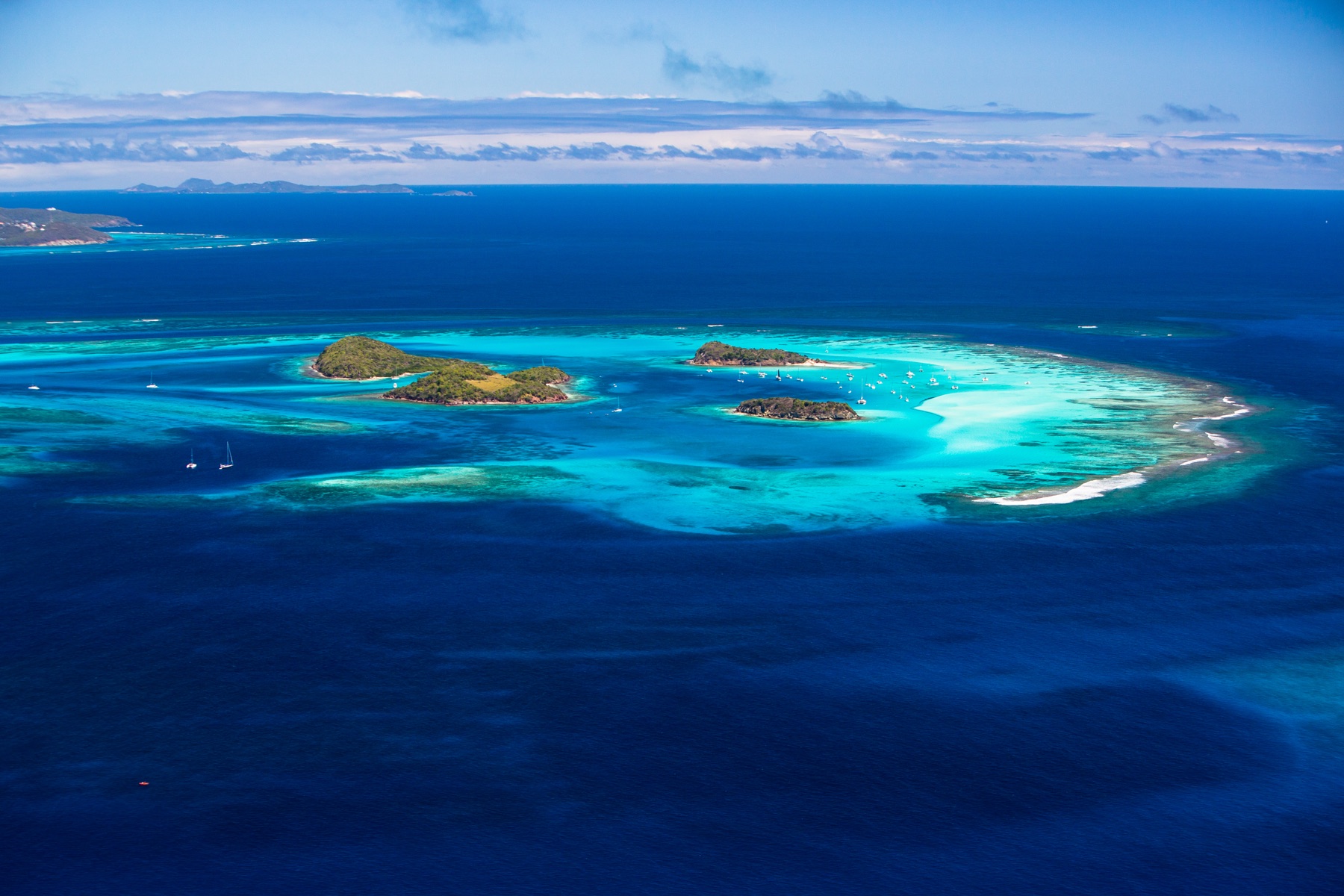 Aerial view of Tobago Cays turquoise reef and islands on the full day cruise
