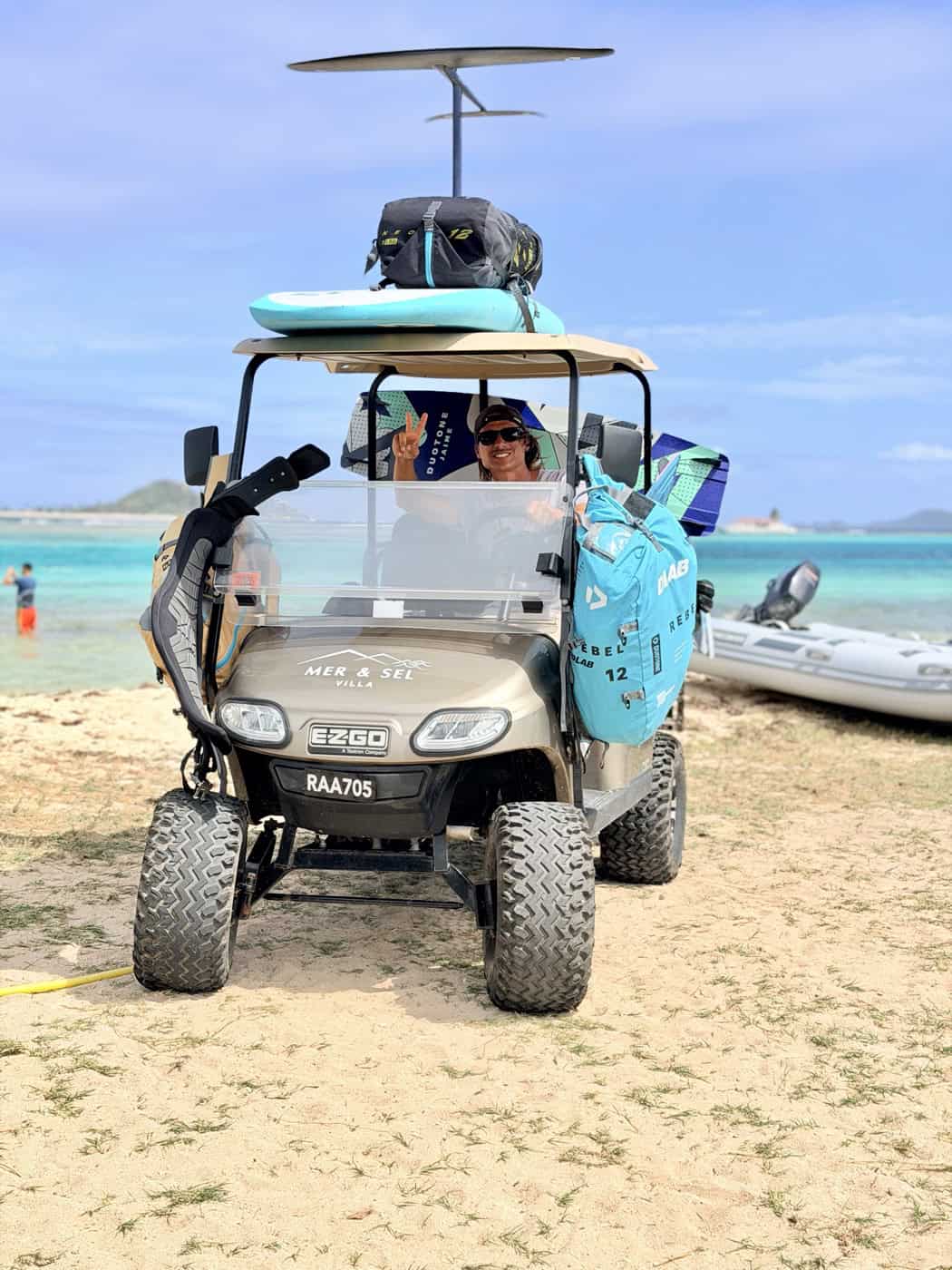 Mer et Sel golf cart prepared for kite and wing gear on Union Island