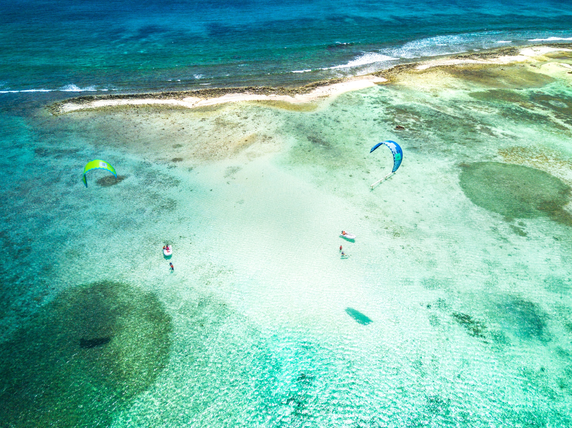 Drone view of Union Island kitesurfing spots and shallow Caribbean water