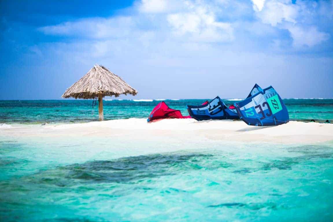 Kitesurfing gear on the white sand at Morpion in the Grenadines