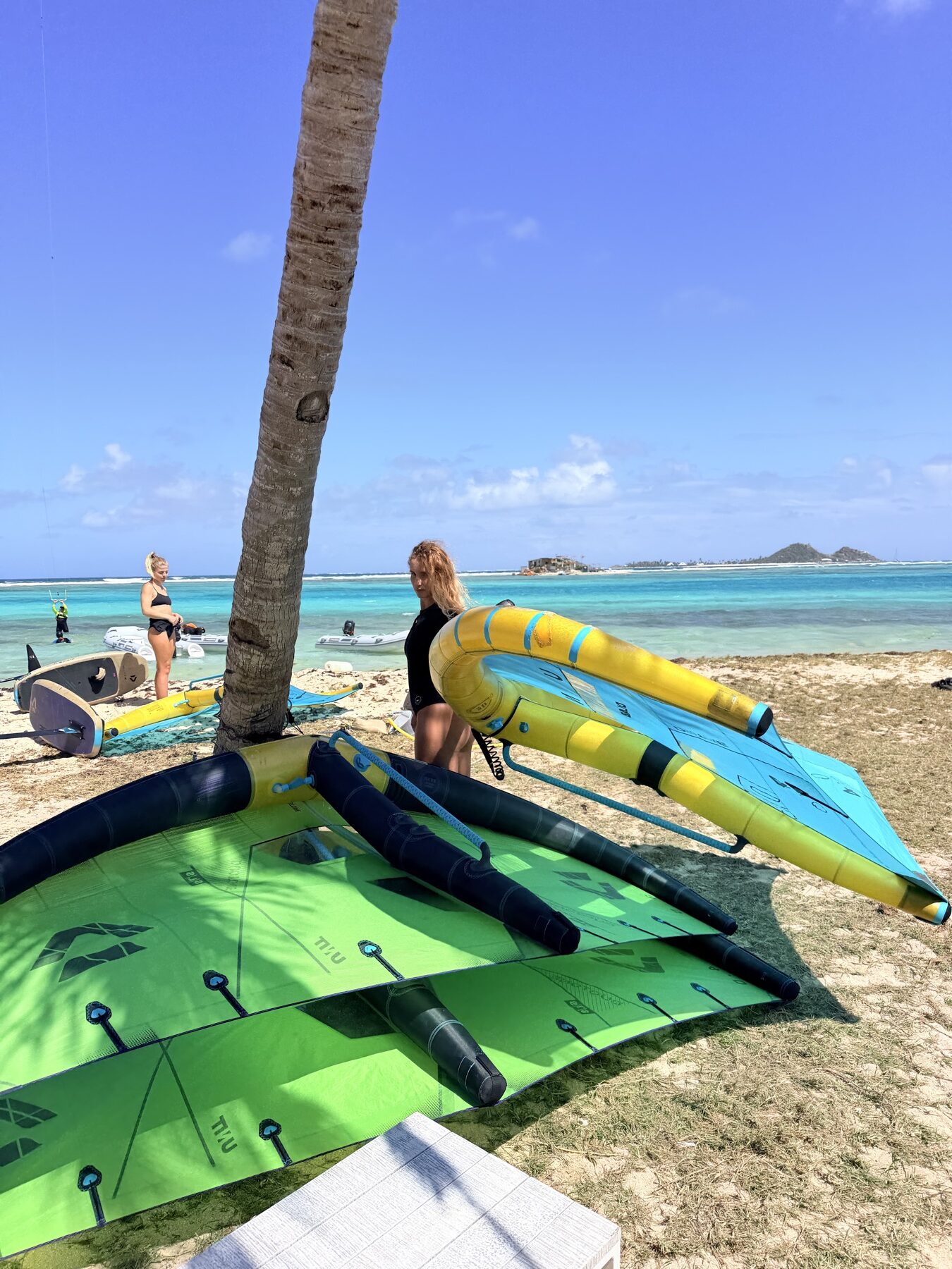 Wing foil gear and beach setup on Union Island