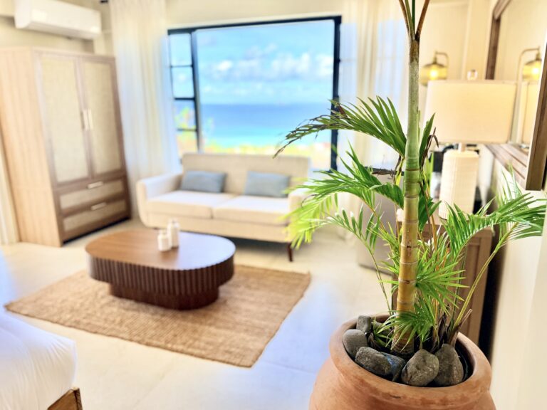 Ocean-view living area inside a Mer et Sel private suite on Union Island
